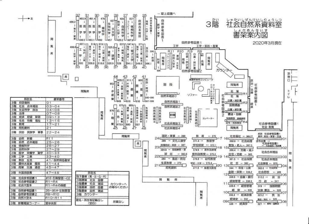 ３階　社会自然系資料室　書架案内図